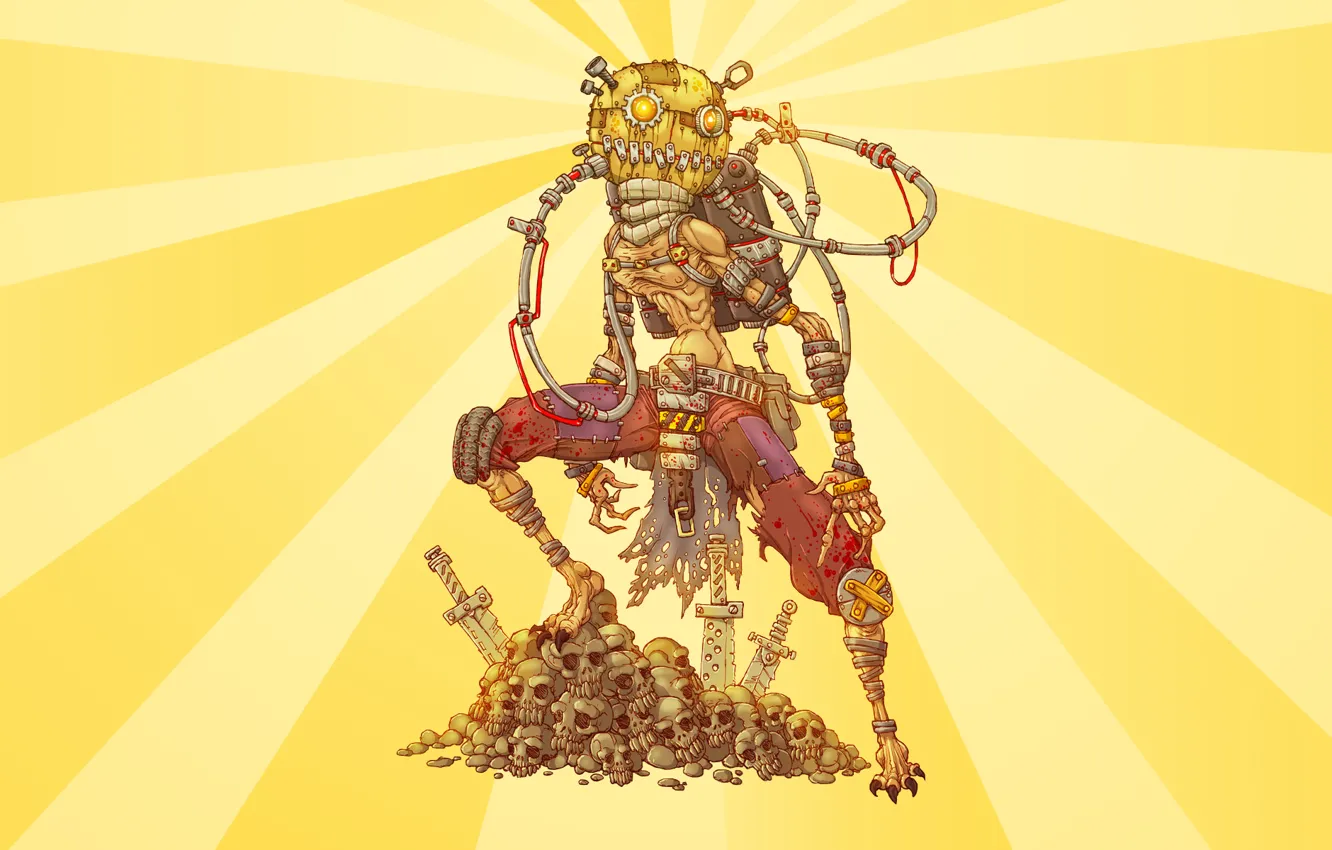 Photo wallpaper steampunk, skull, cyborg, yellow background, postapokalipsis, Scarecrow, rags