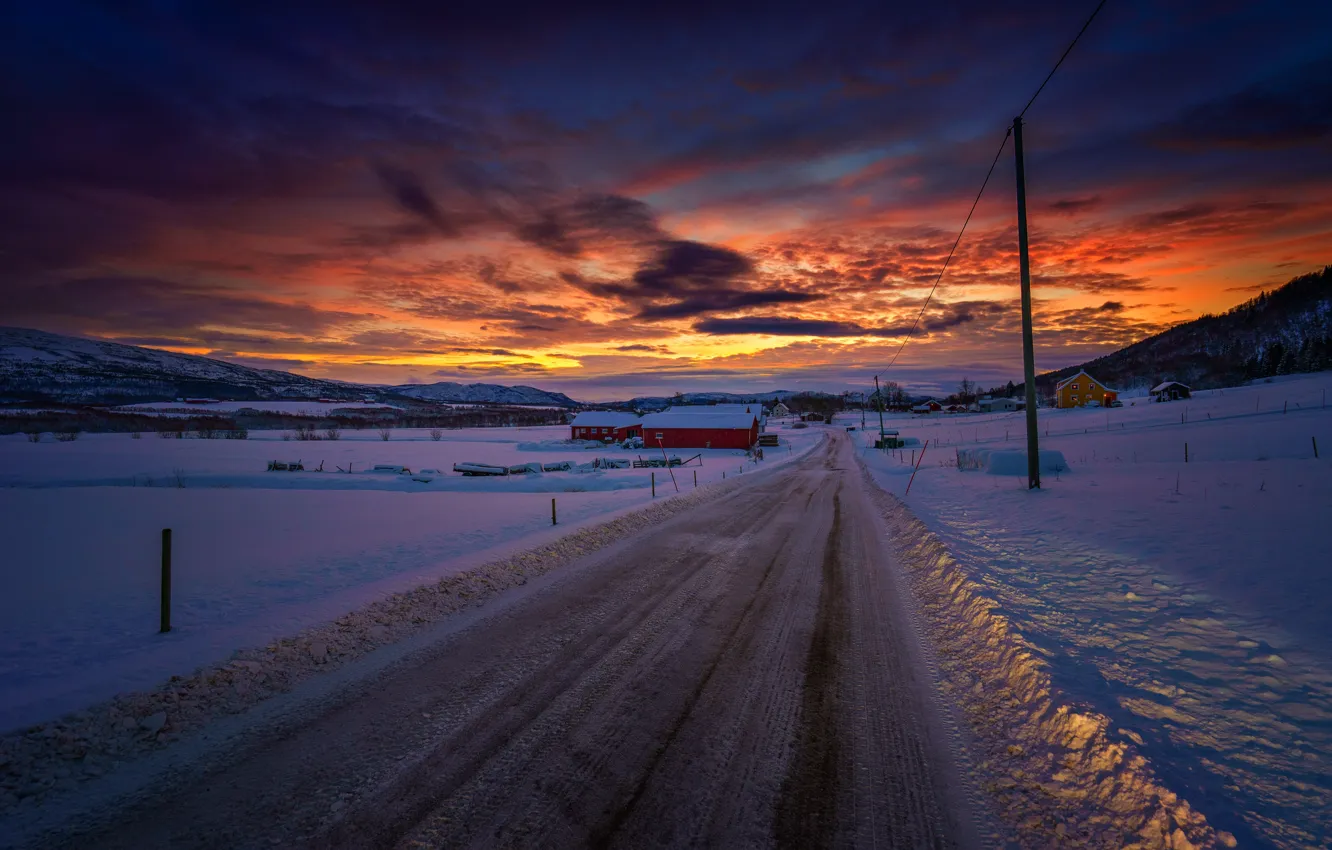 Photo wallpaper twilight, road, sunset, winter, mountains, snow, dusk, village