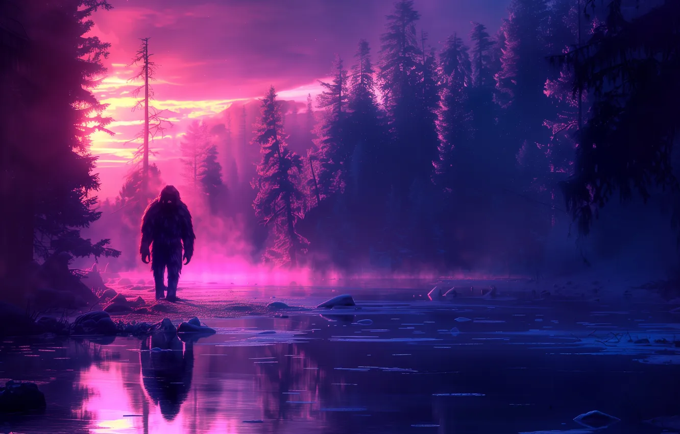 Photo wallpaper trees, dawn, being, river, Yeti, Bigfoot, digital art, Bigfoot