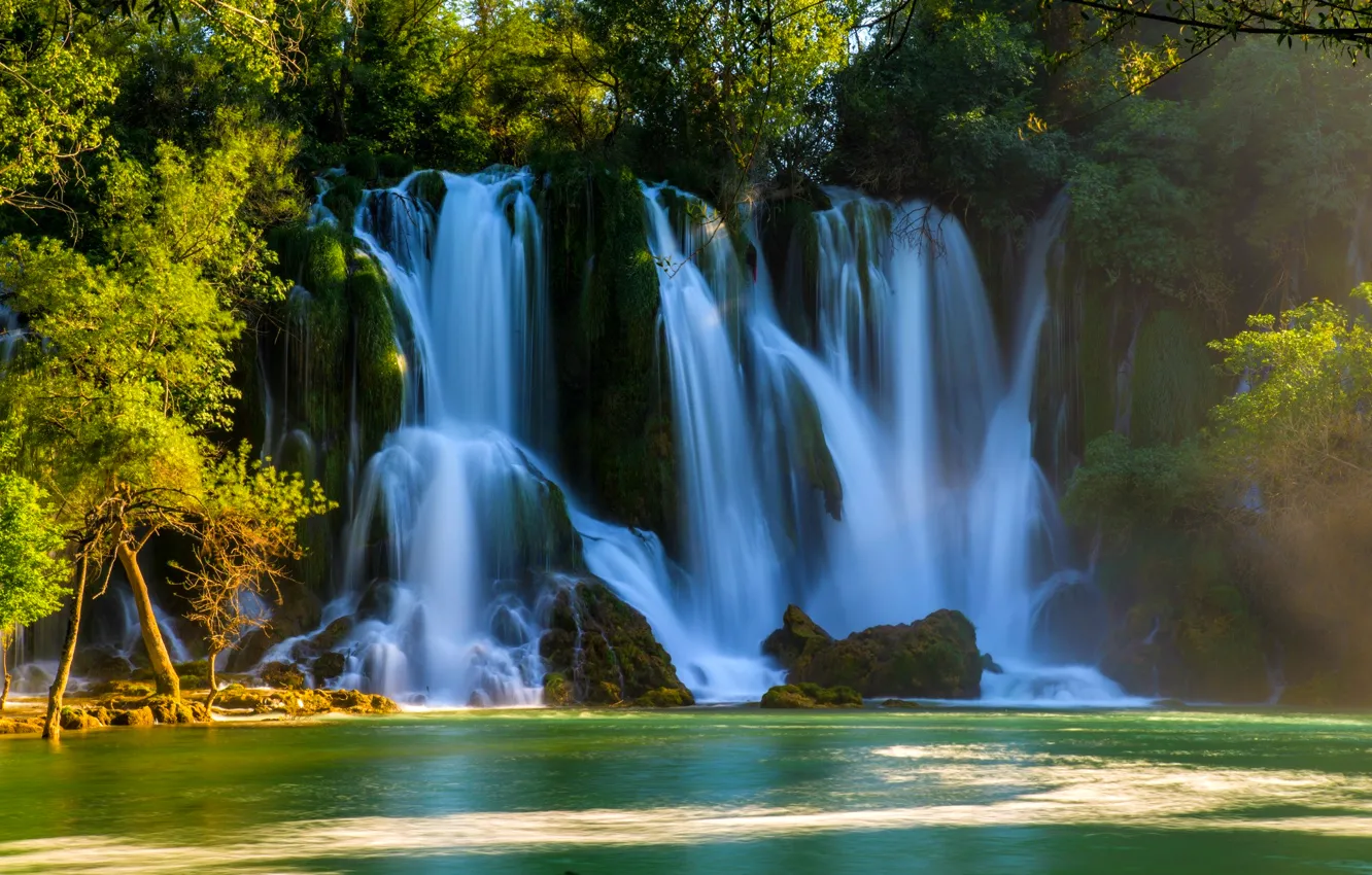 Photo wallpaper water, trees, waterfall, stream, Bosnia and Herzegovina, Kravice Falls