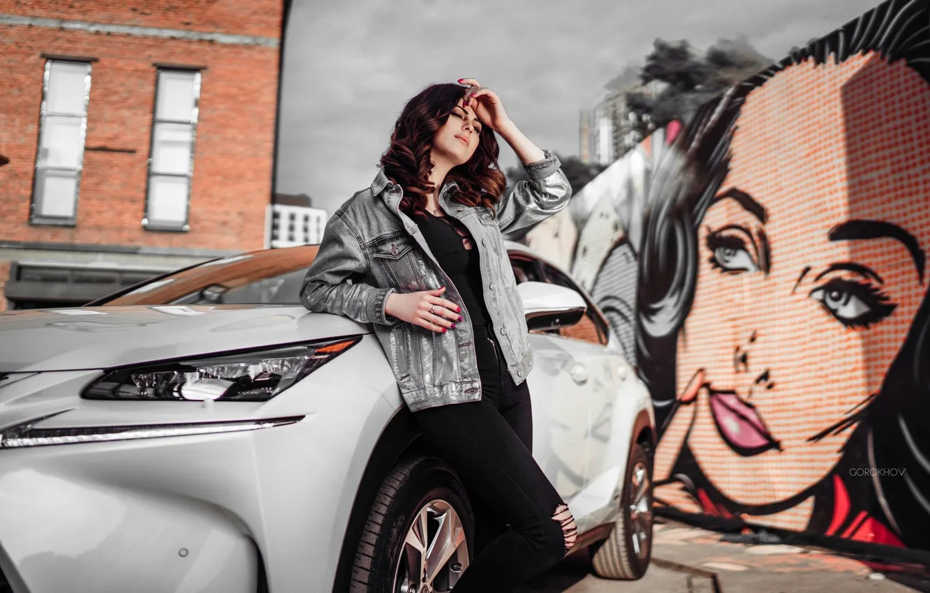 Photo wallpaper girl, wall, graffiti, model, home, jeans, jacket, hairstyle