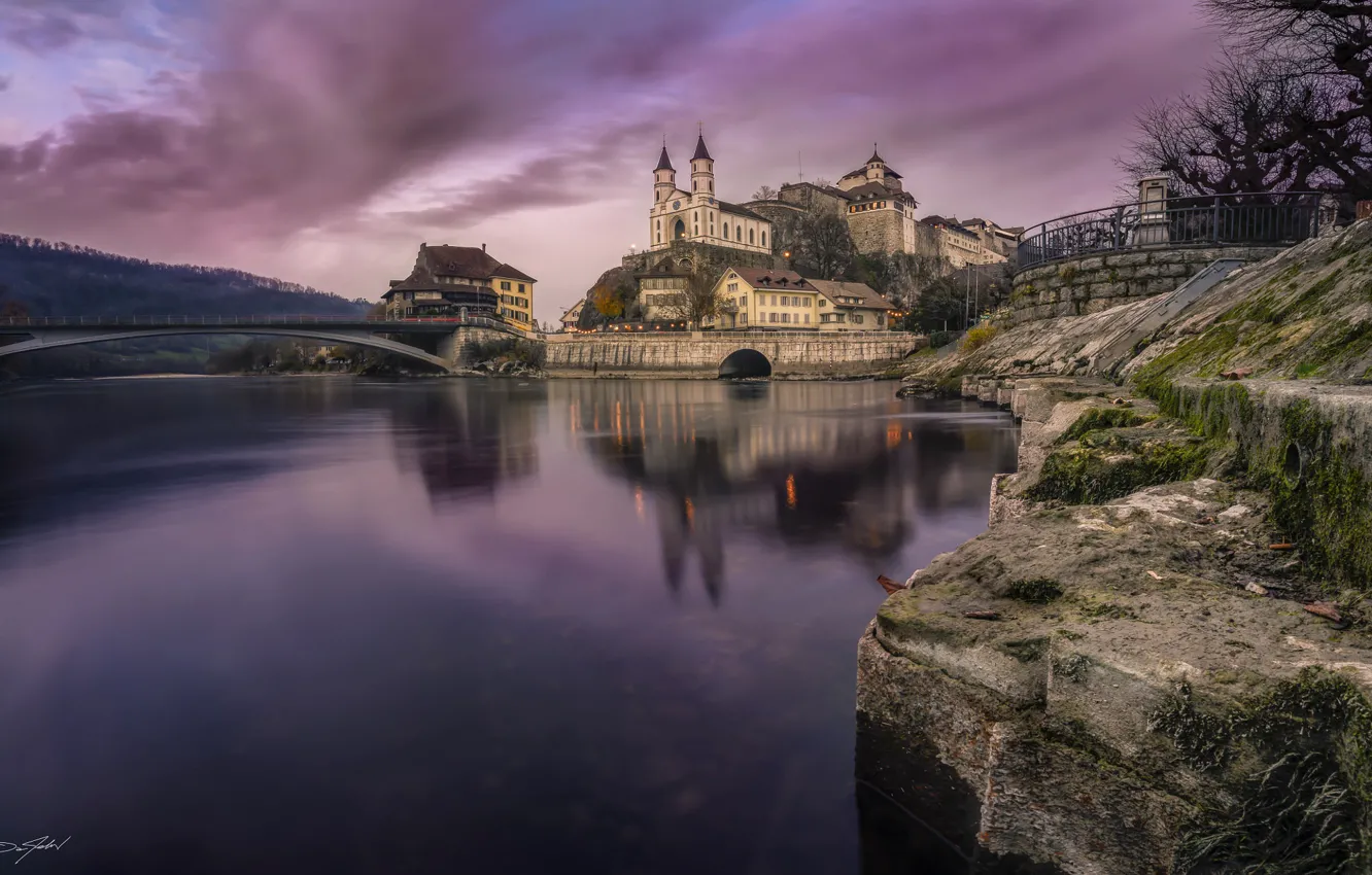 Photo wallpaper bridge, lake, castle, Switzerland, Aarburg, Dan Felix
