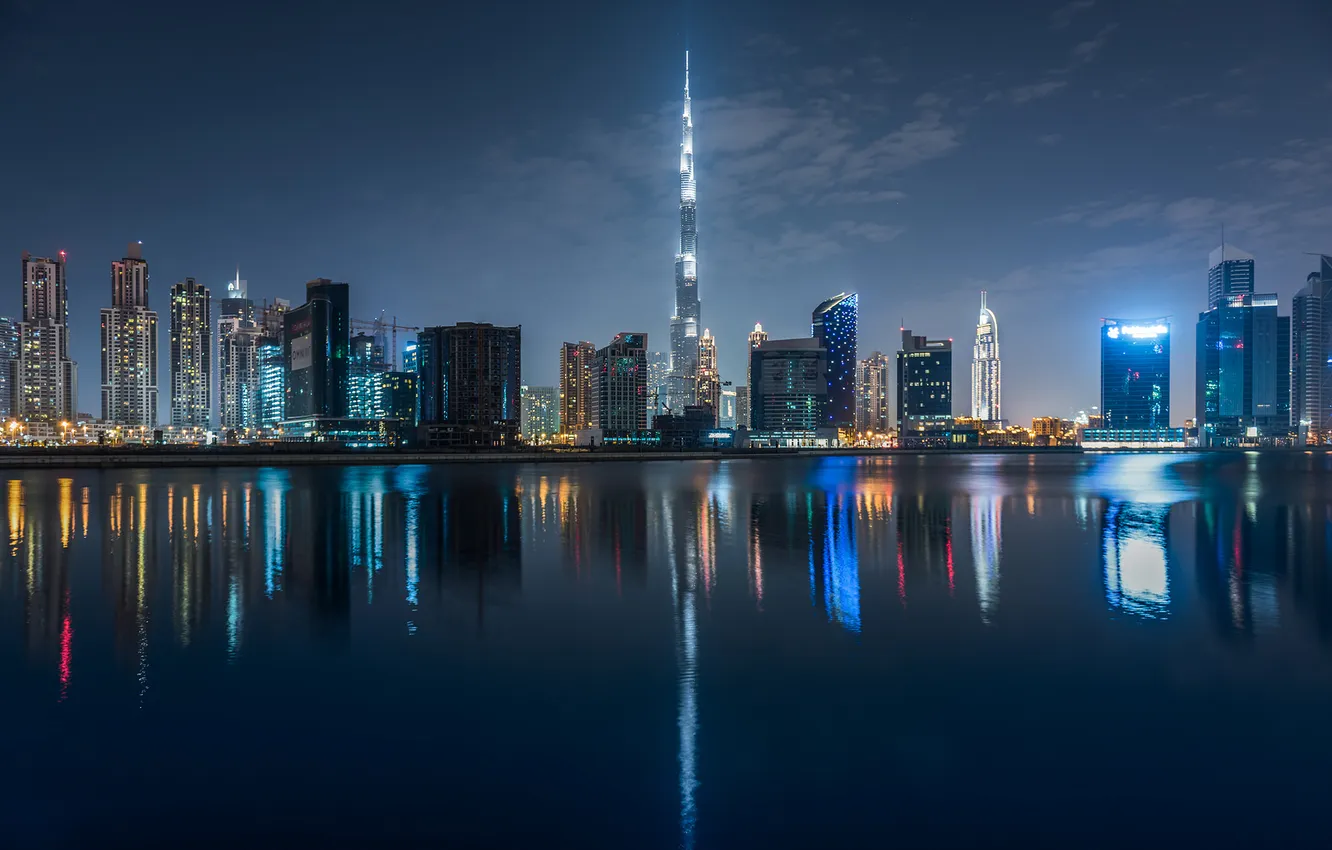 Photo wallpaper city, lights, Dubai, night, reflection