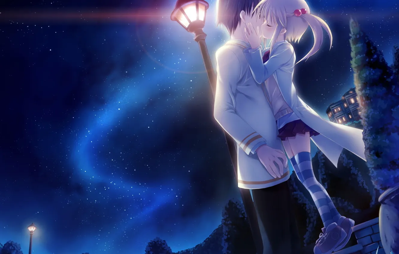 Photo wallpaper night, Park, kiss, boy, lights, girl