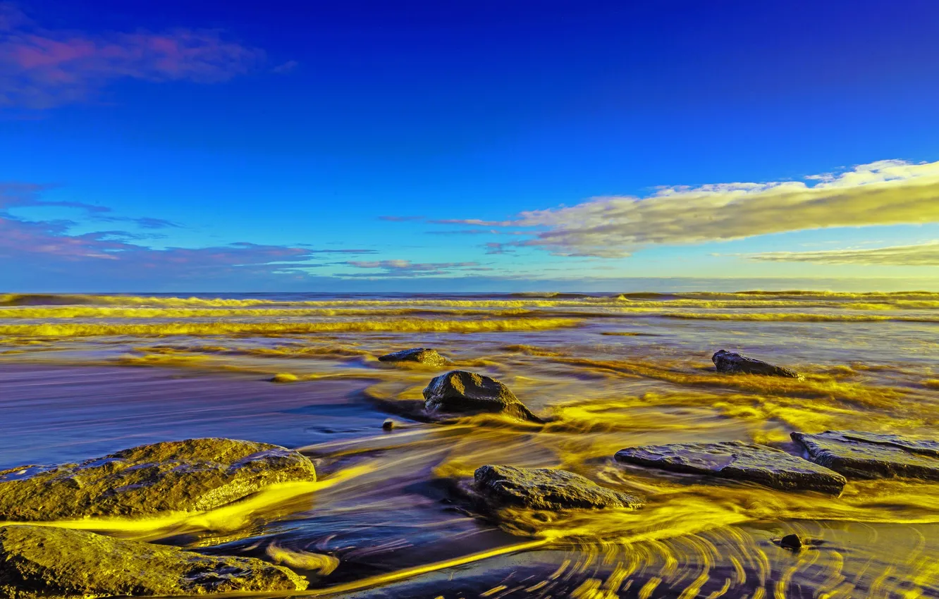 Photo wallpaper sea, the sky, clouds, stones, shore, tide