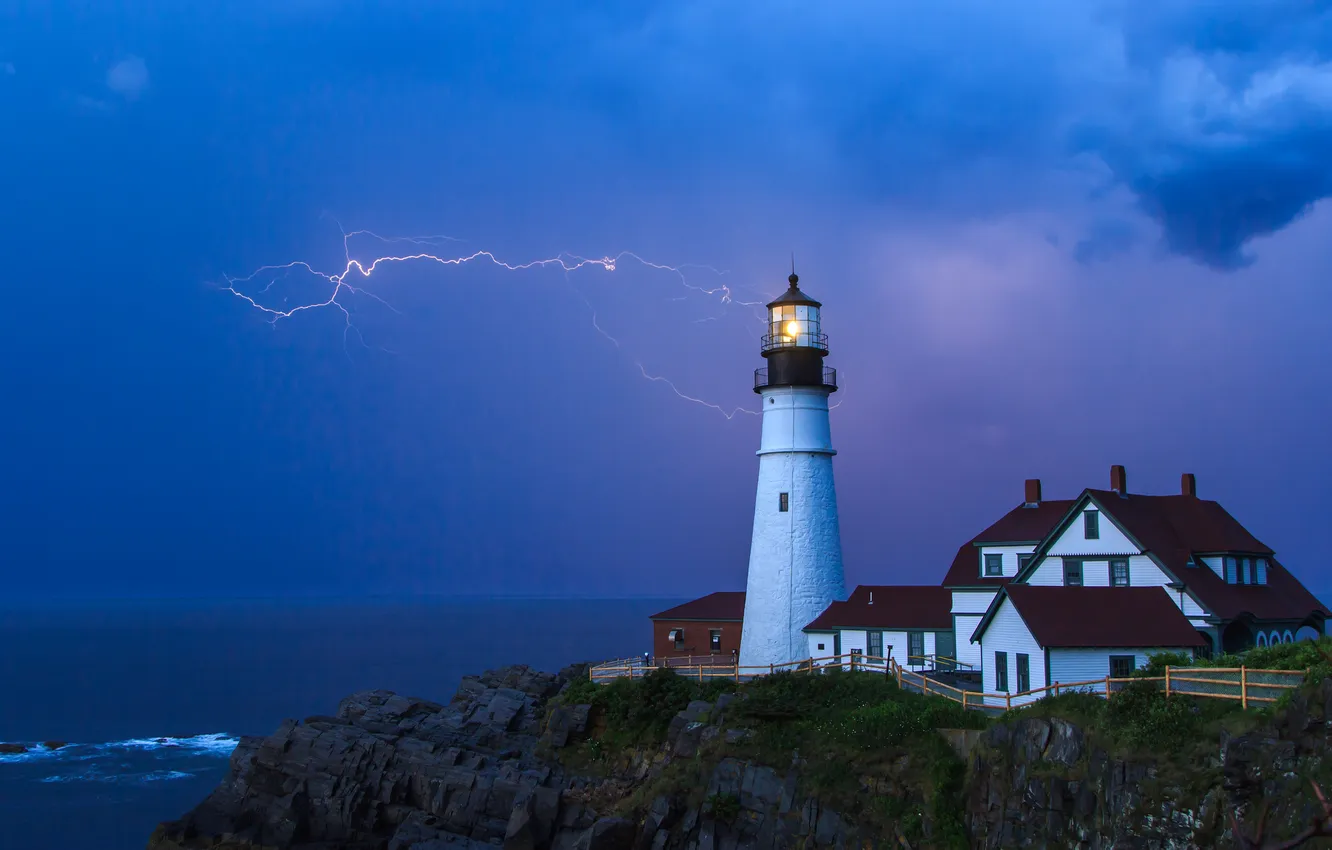 Photo wallpaper storm, the ocean, rocks, lightning, lighthouse