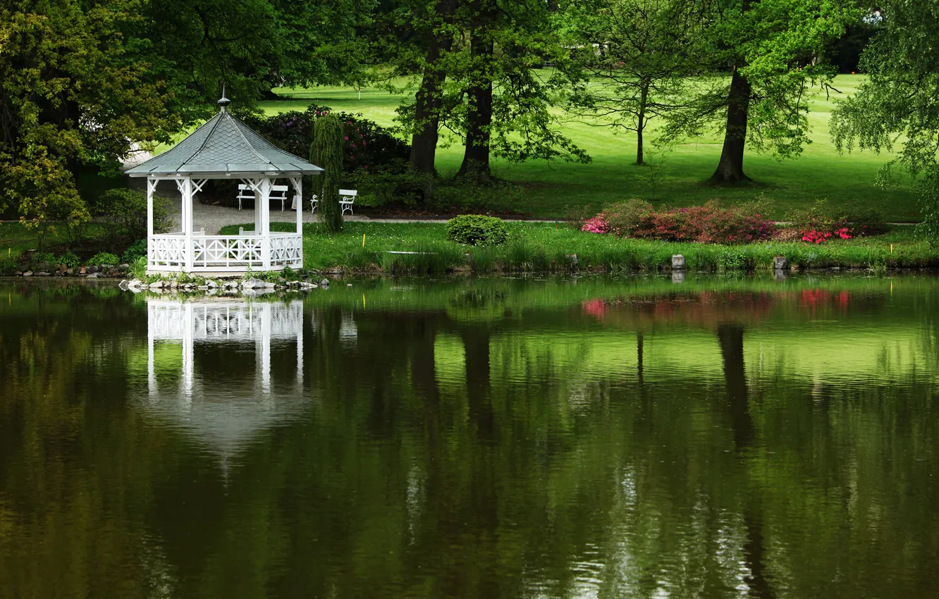 Photo wallpaper landscape, lake, Park, gazebo