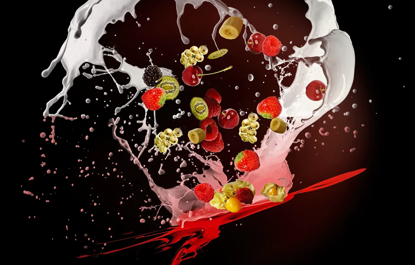 Photo wallpaper squirt, berries, background, splash, milk, fruit