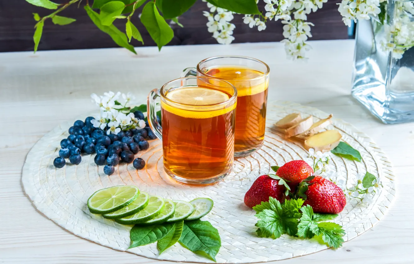 Photo wallpaper lemon, tea, blueberries, strawberry, mug, still life