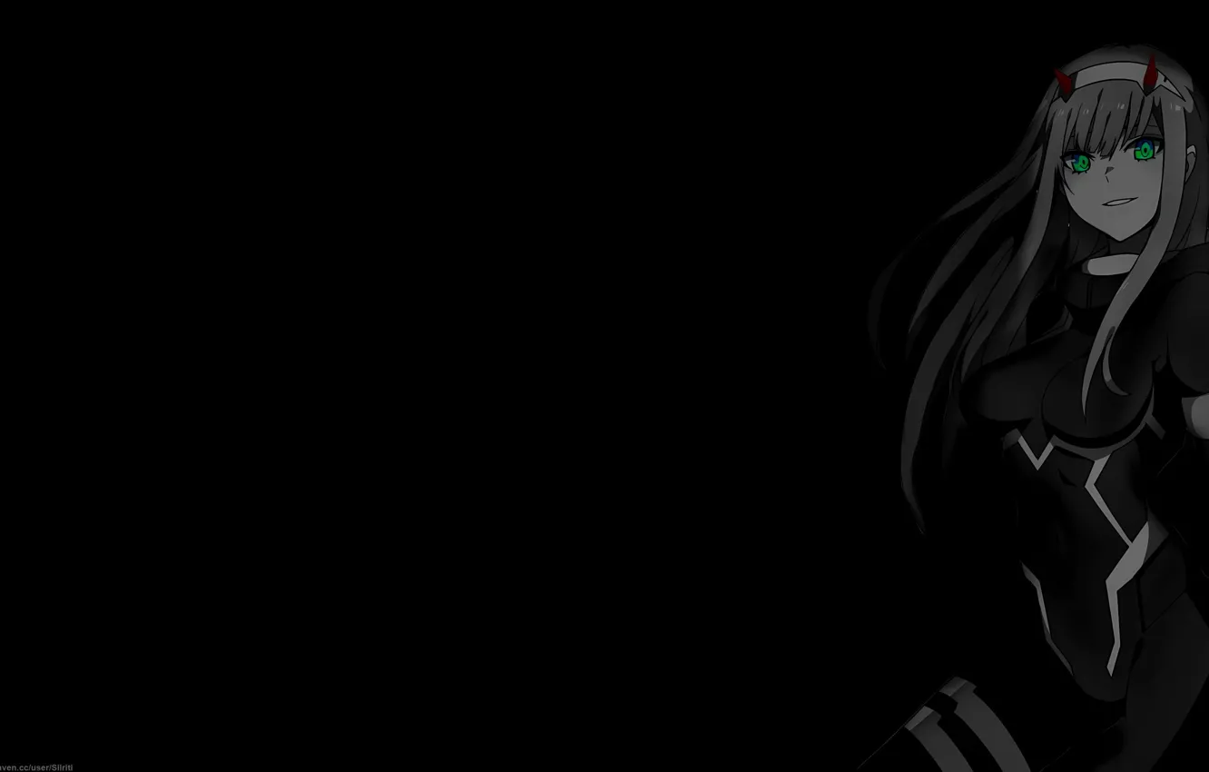 Photo wallpaper girl, smile, anime, black background, horn, big Breasts, tight-ass suit