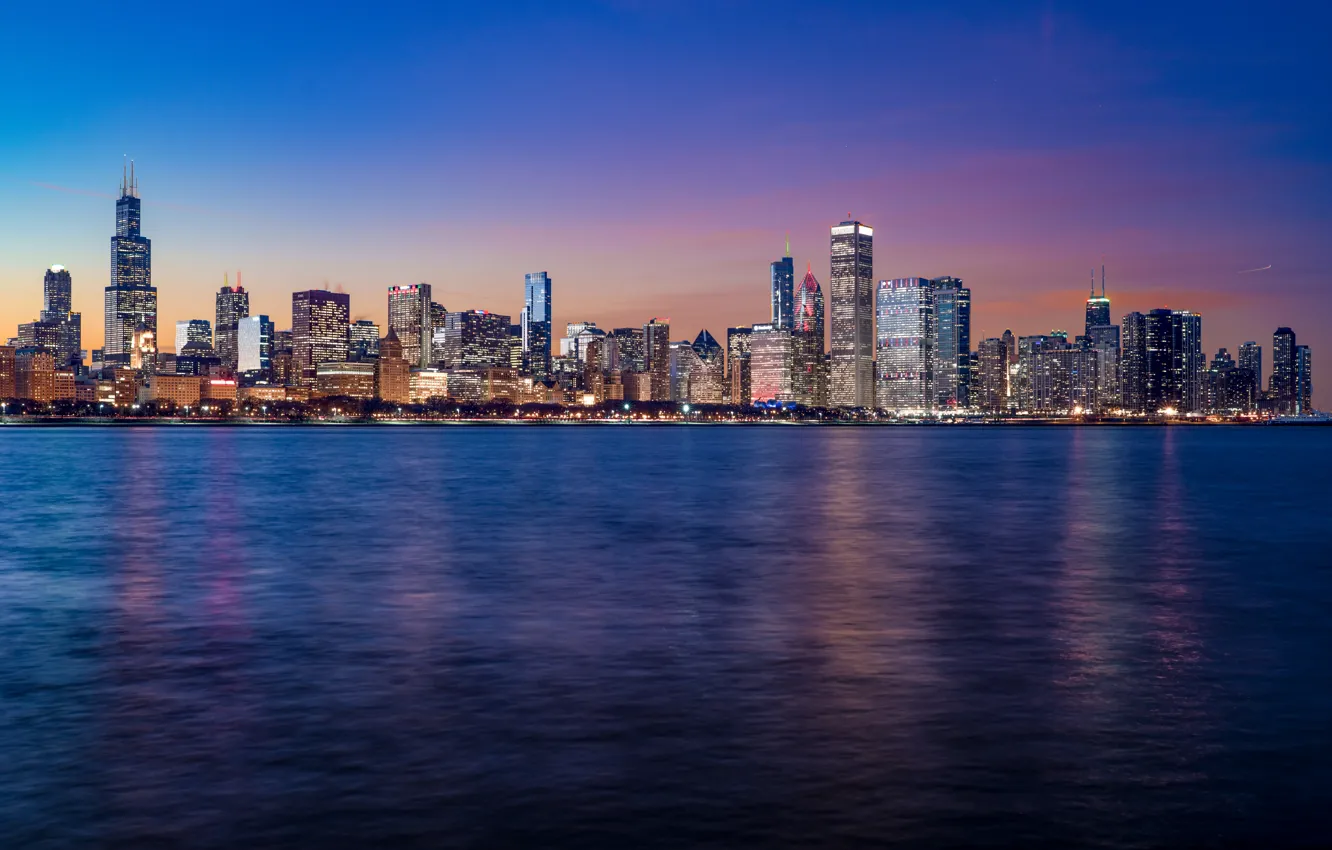 Photo wallpaper water, sunset, building, Chicago, panorama, Il, night city, Chicago