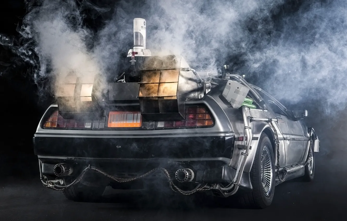 Photo wallpaper background, smoke, Back to the future, The DeLorean, rear view, DeLorean, DMC-12, exhaust