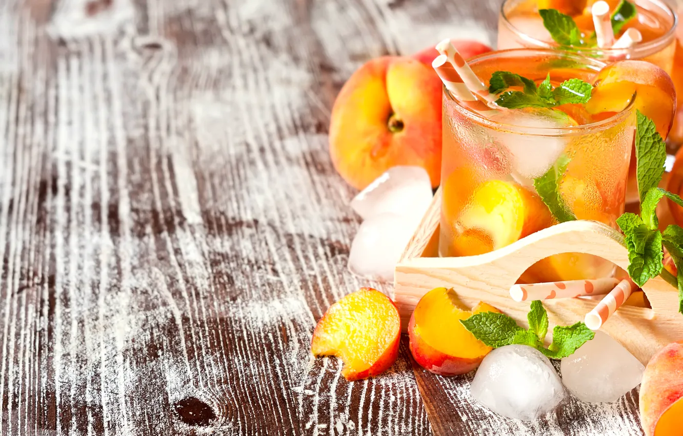 Photo wallpaper ice, glass, drink, mint, peach, tube, homemade lemonade