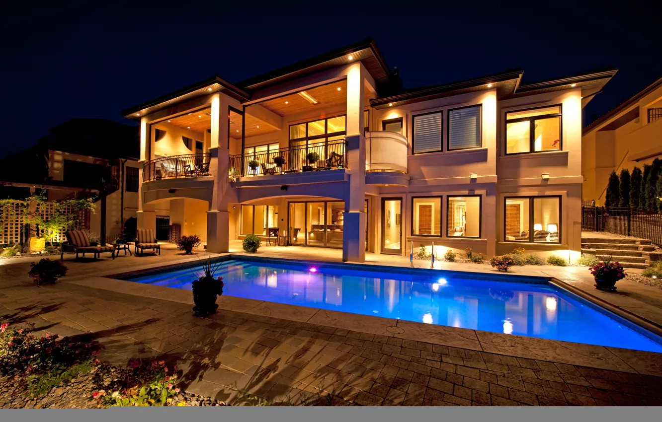 Photo wallpaper night, Villa, home, house, pool, home, homes, pool.