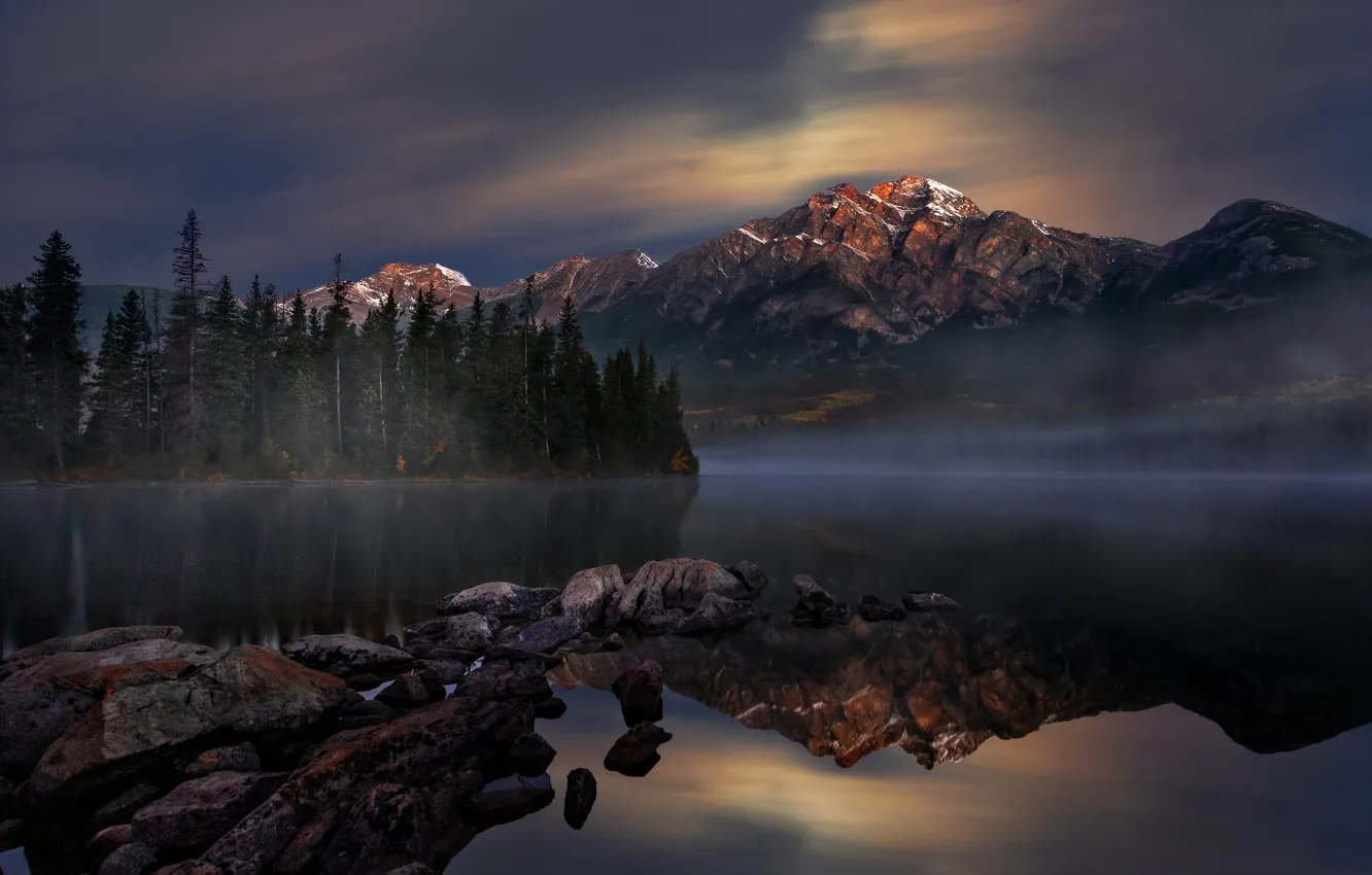 Photo wallpaper forest, the sky, mountains, lake, stones, Jasper National Park, National Park, Perry Hoag