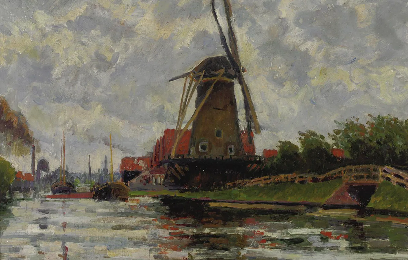 Photo wallpaper landscape, Louis-Rodolphe Rodo Pissarro, Windmill near the Water, Ludovic Rodo Pissarro
