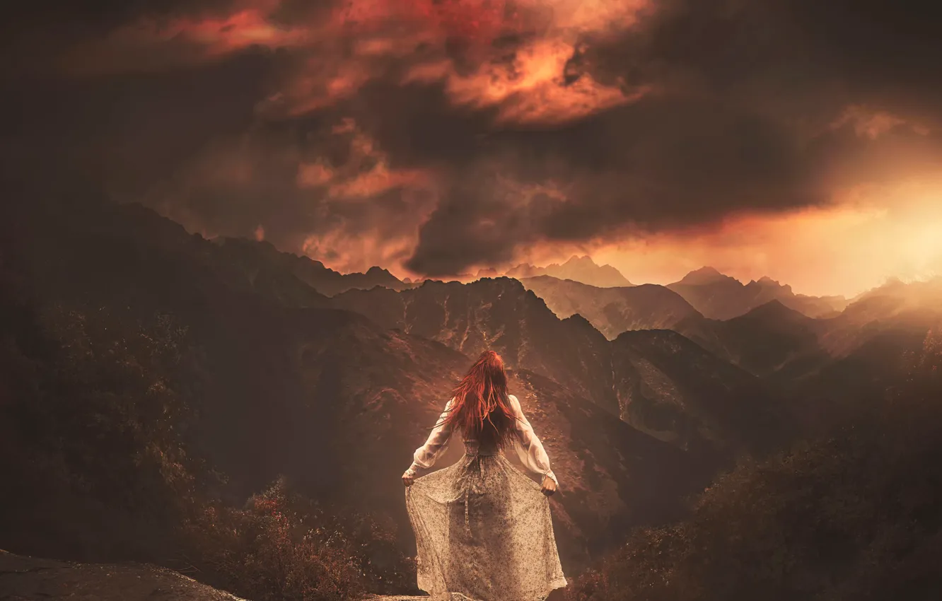 Photo wallpaper girl, mountains, the moon, dress, art