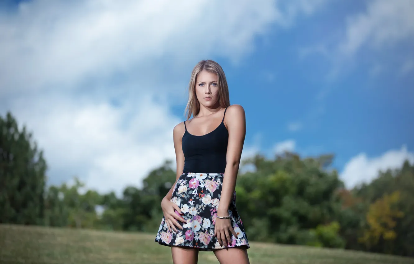 Photo wallpaper look, trees, landscape, glade, model, skirt, portrait, hands