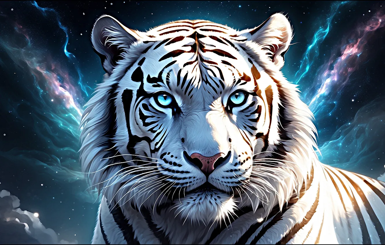 Photo wallpaper white, look, face, night, tiger, portrait, AI art, neural network