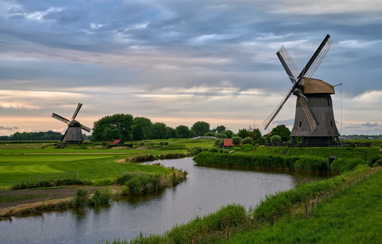 Photo wallpaper summer, mill, Netherlands, water channel