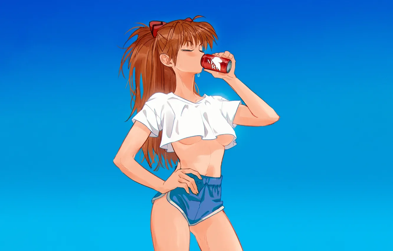 Photo wallpaper Neon Genesis Evangelion, long hair, boobs, Asuka Langley Soryu, ponytail, redhead, sweat, thighs