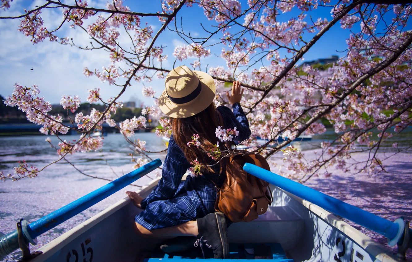 Photo wallpaper Water, Girl, Spring, Sakura, Japan, Boat, Asian, Hat