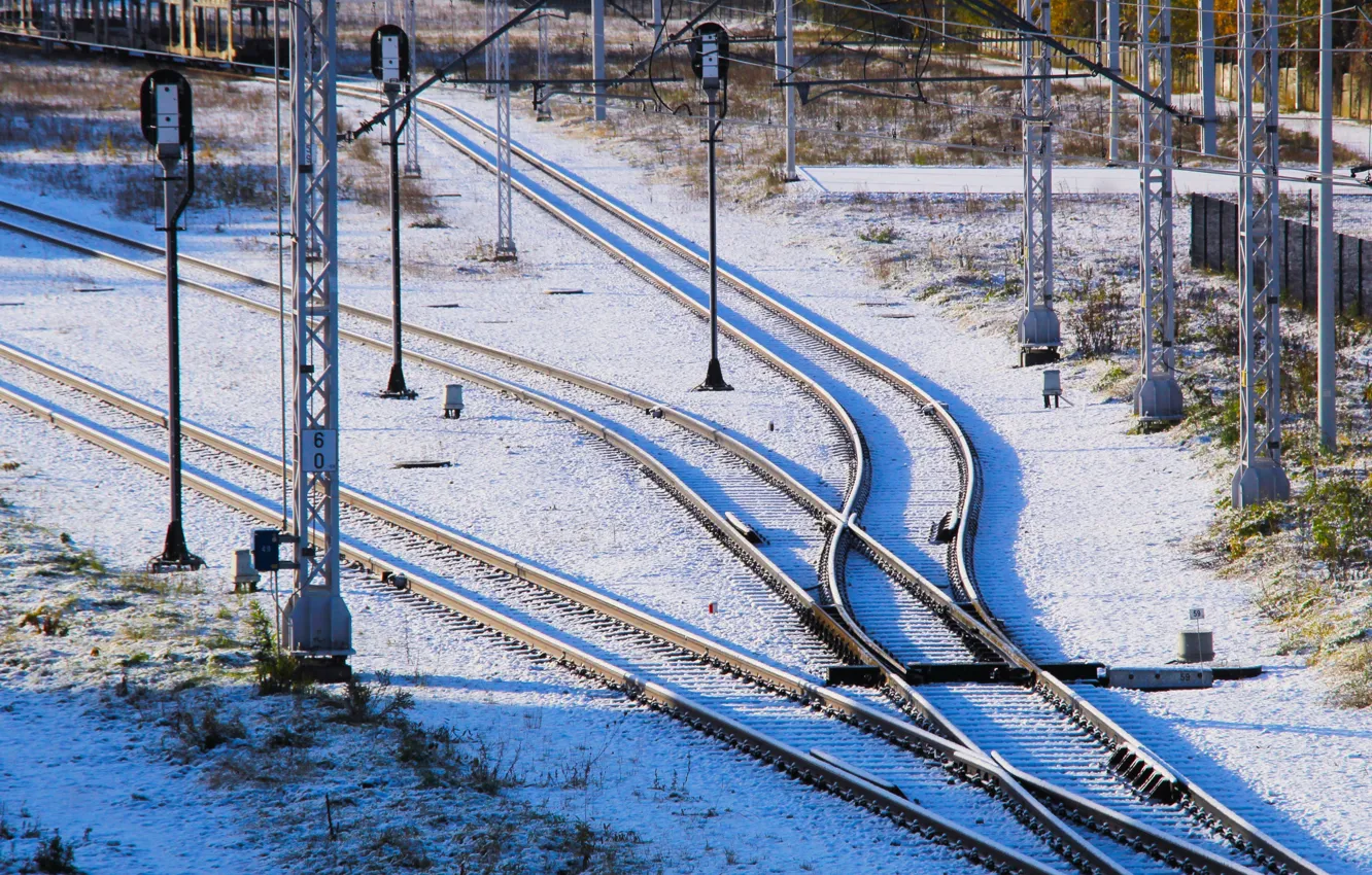 Photo wallpaper city, winter, snow, train, Tracs