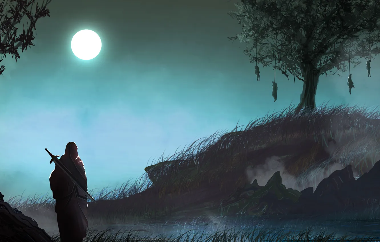 Photo wallpaper dark, moon, sword, grass, fantasy, nature, Warrior, night