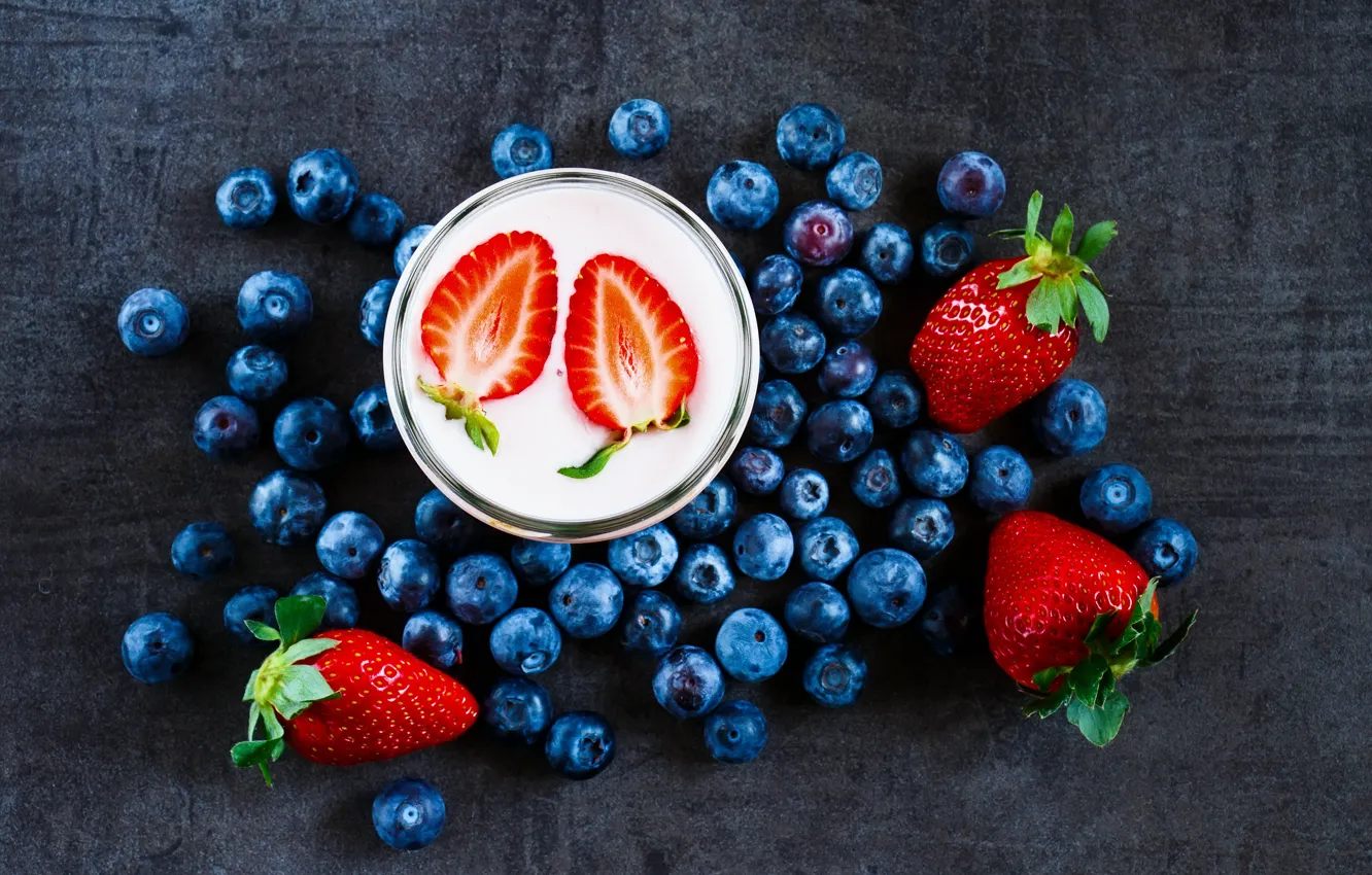 Photo wallpaper glass, berries, Breakfast, blueberries, strawberry, fruit, yogurt