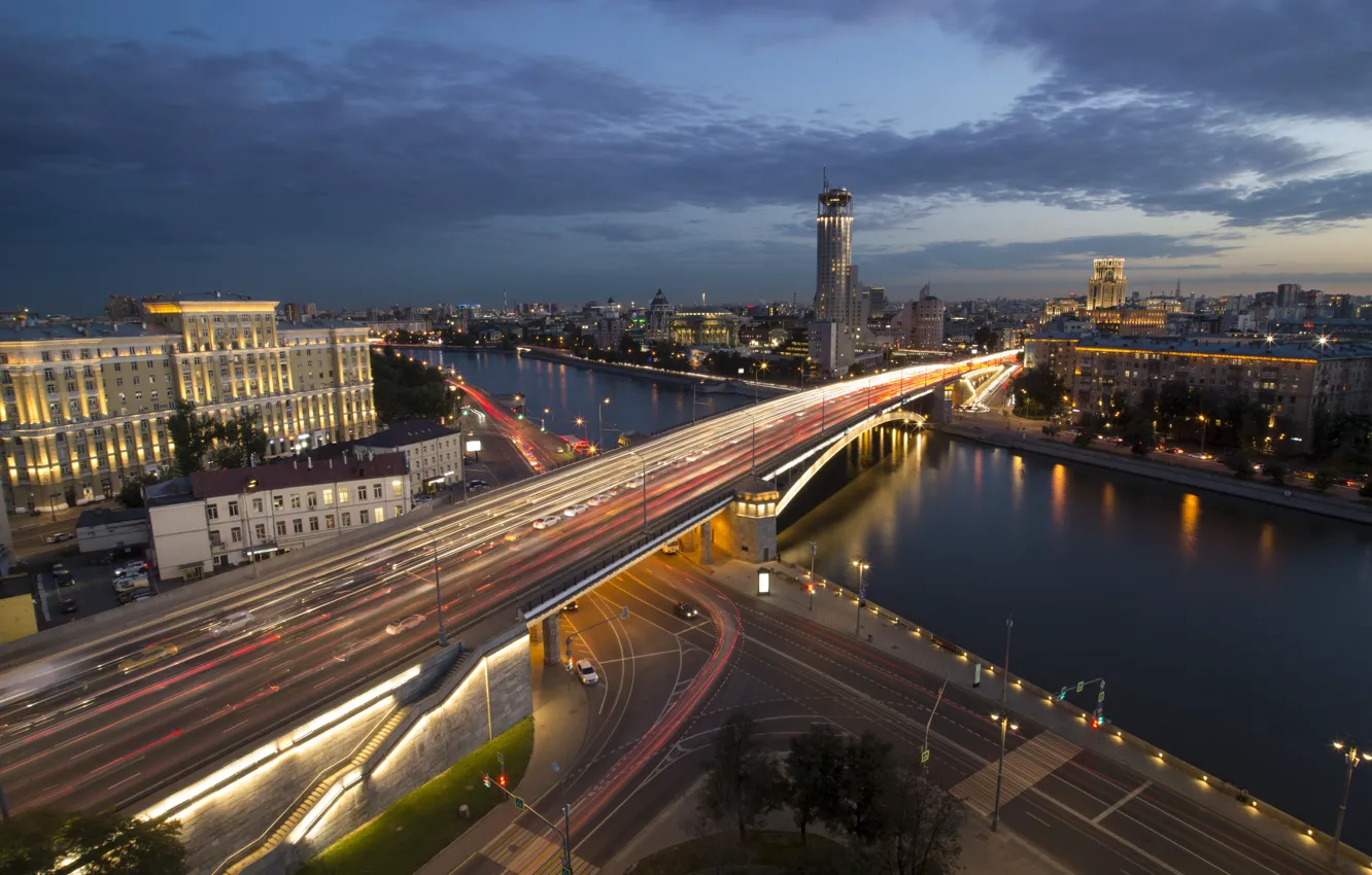 Photo wallpaper road, bridge, the city, river, building, home, lighting, Moscow