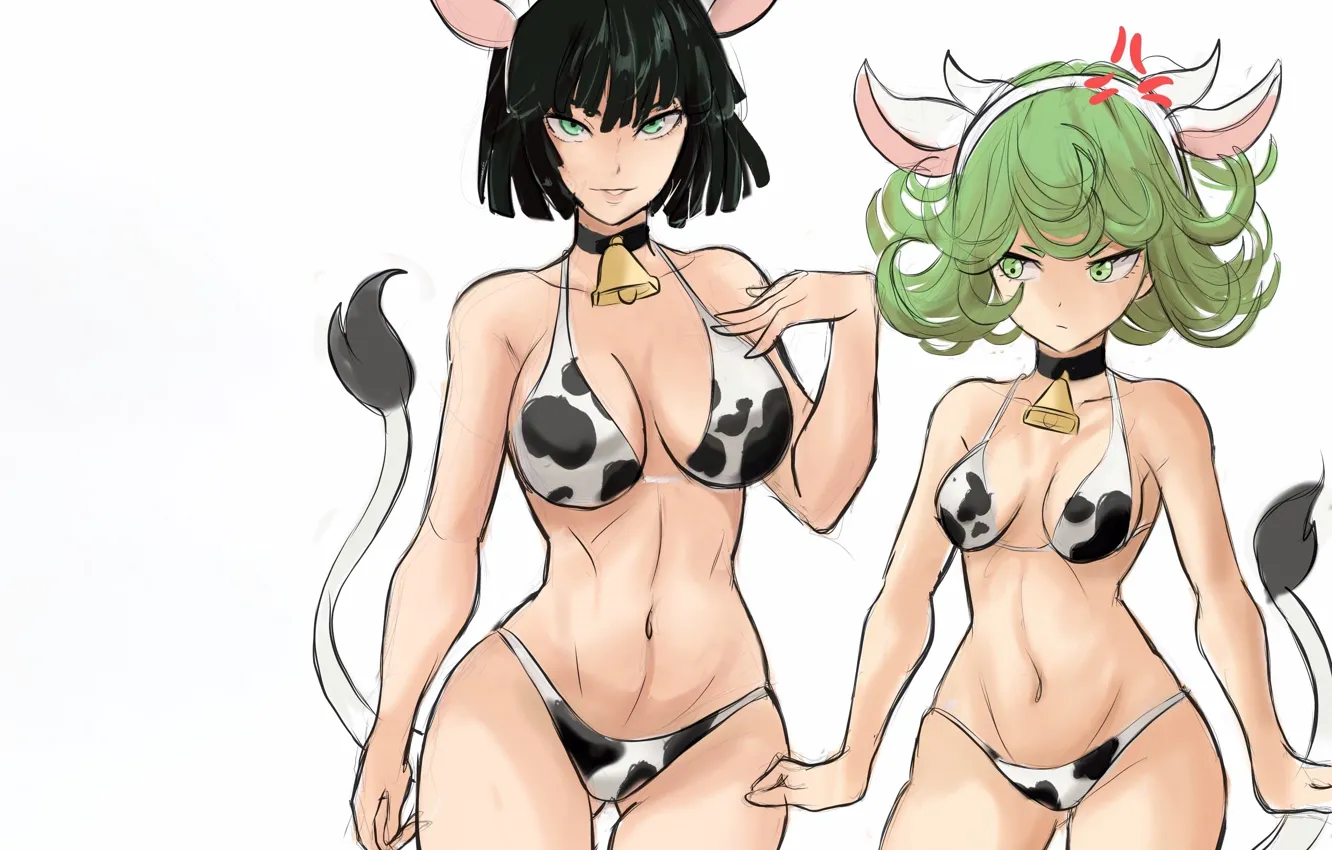 Photo wallpaper sexy, cleavage, green eyes, girls, boobs, animal ears, anime, beautiful