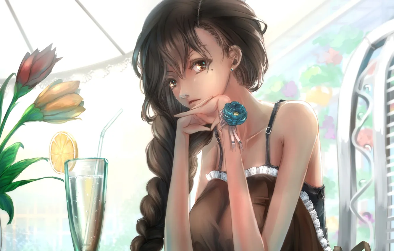 Photo wallpaper girl, flowers, lemon, anime, art, bracelet, fruit, kikivi