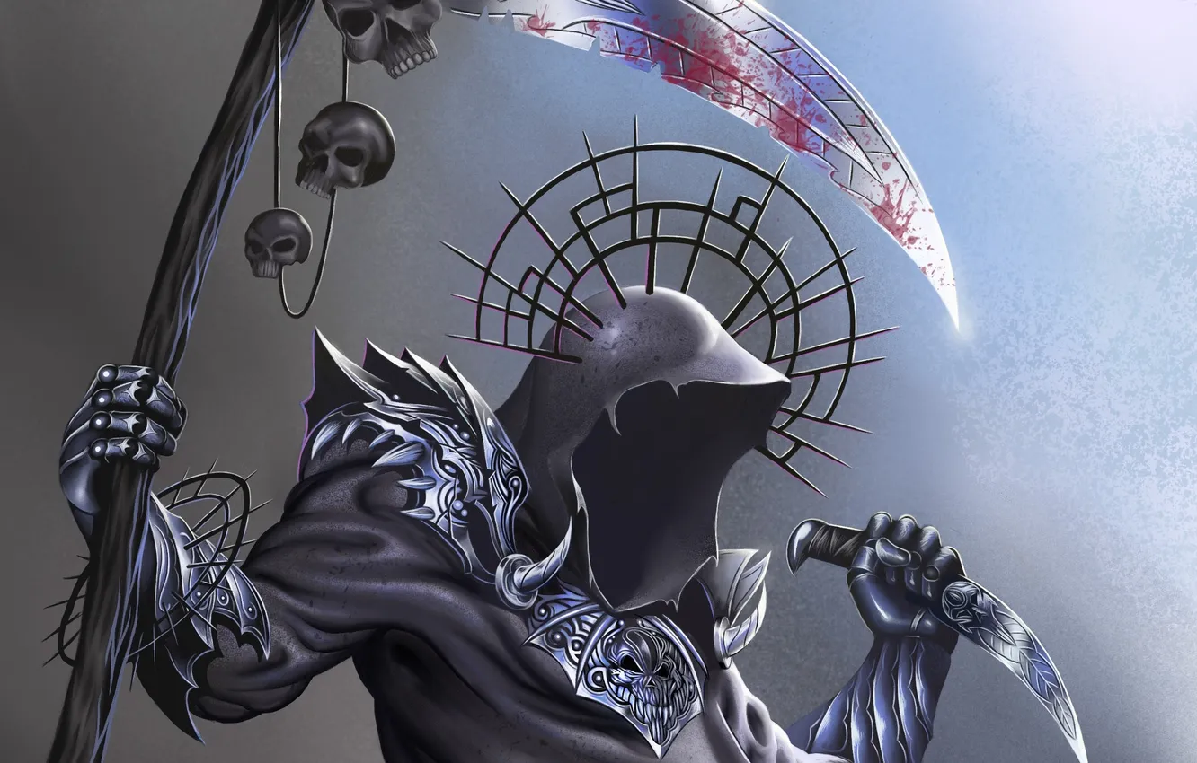 Photo wallpaper skull, art, hood, dagger, braid, undead