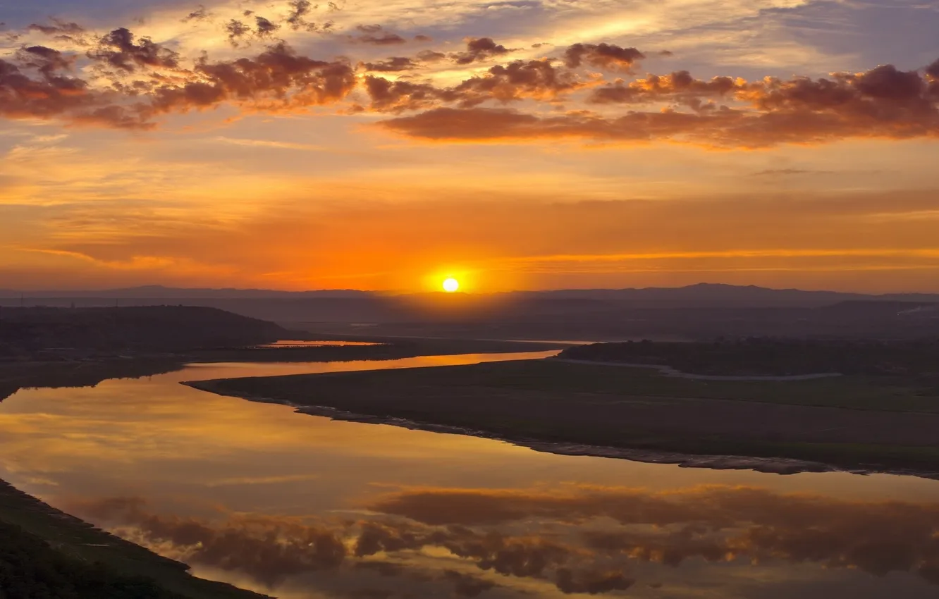 Photo wallpaper field, forest, the sky, the sun, clouds, sunset, mountains, nature