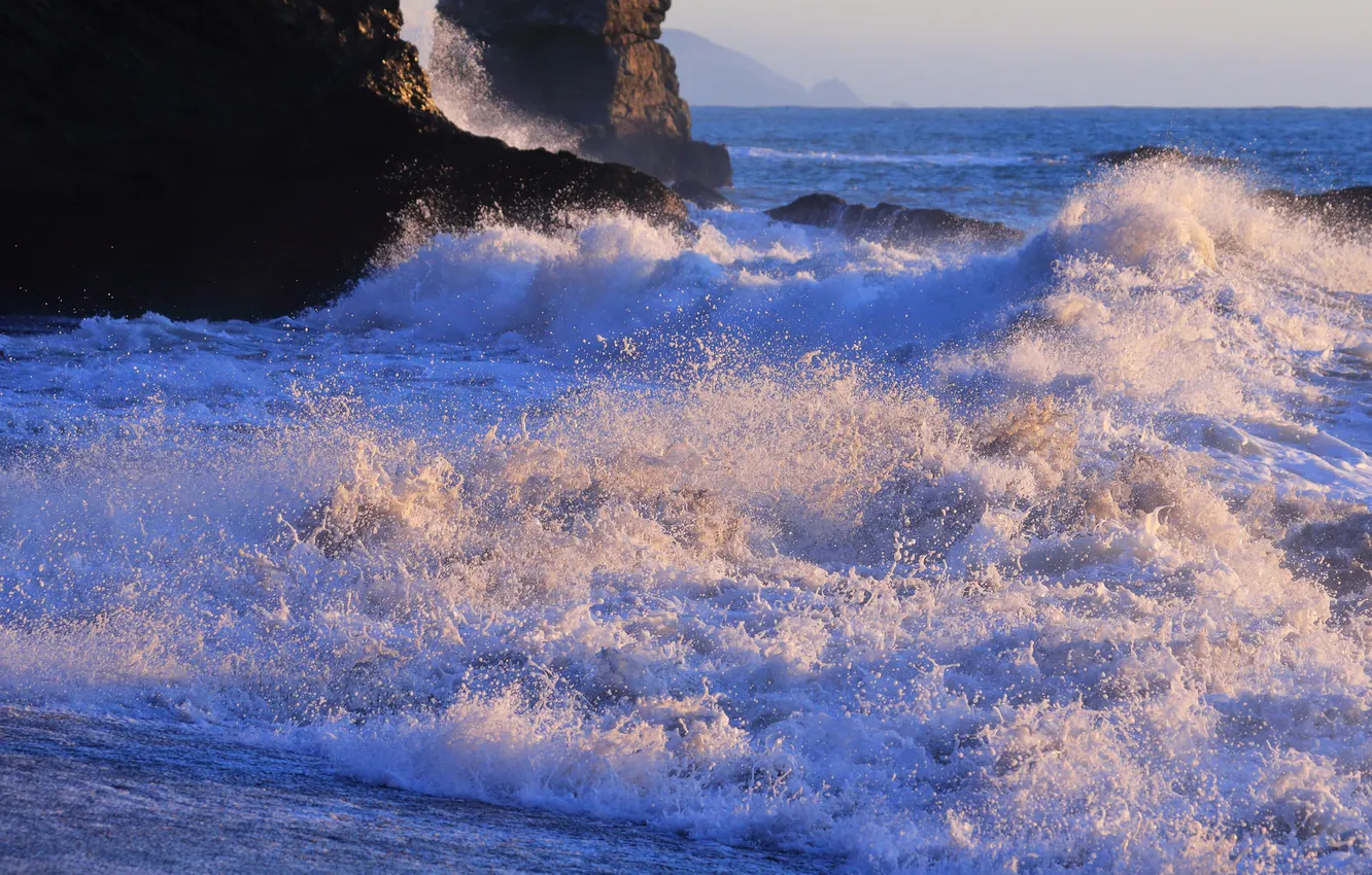 Photo wallpaper sea, squirt, stones, rocks