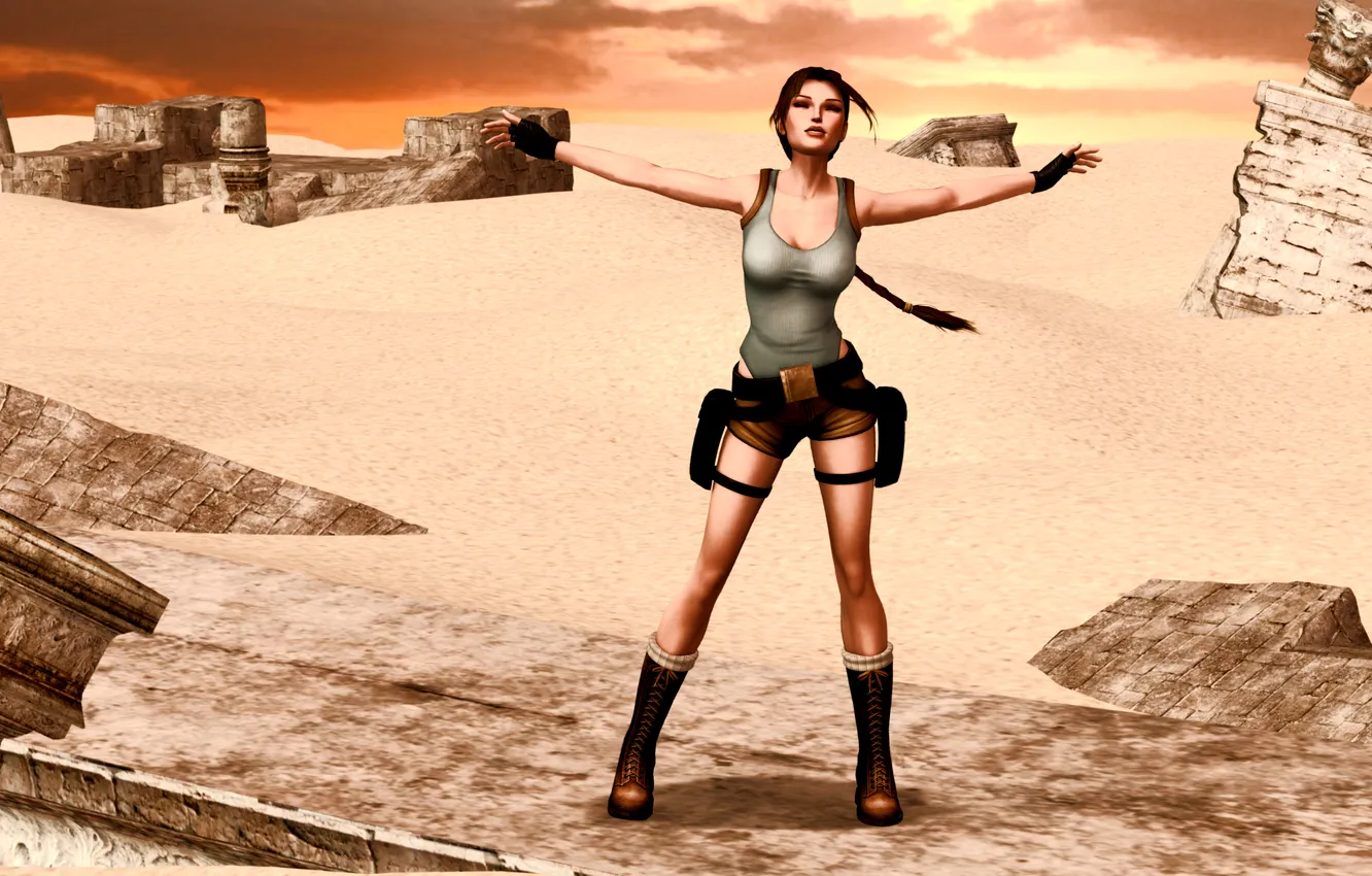 Photo wallpaper sand, girl, face, weapons, desert, hair, the game, lara croft