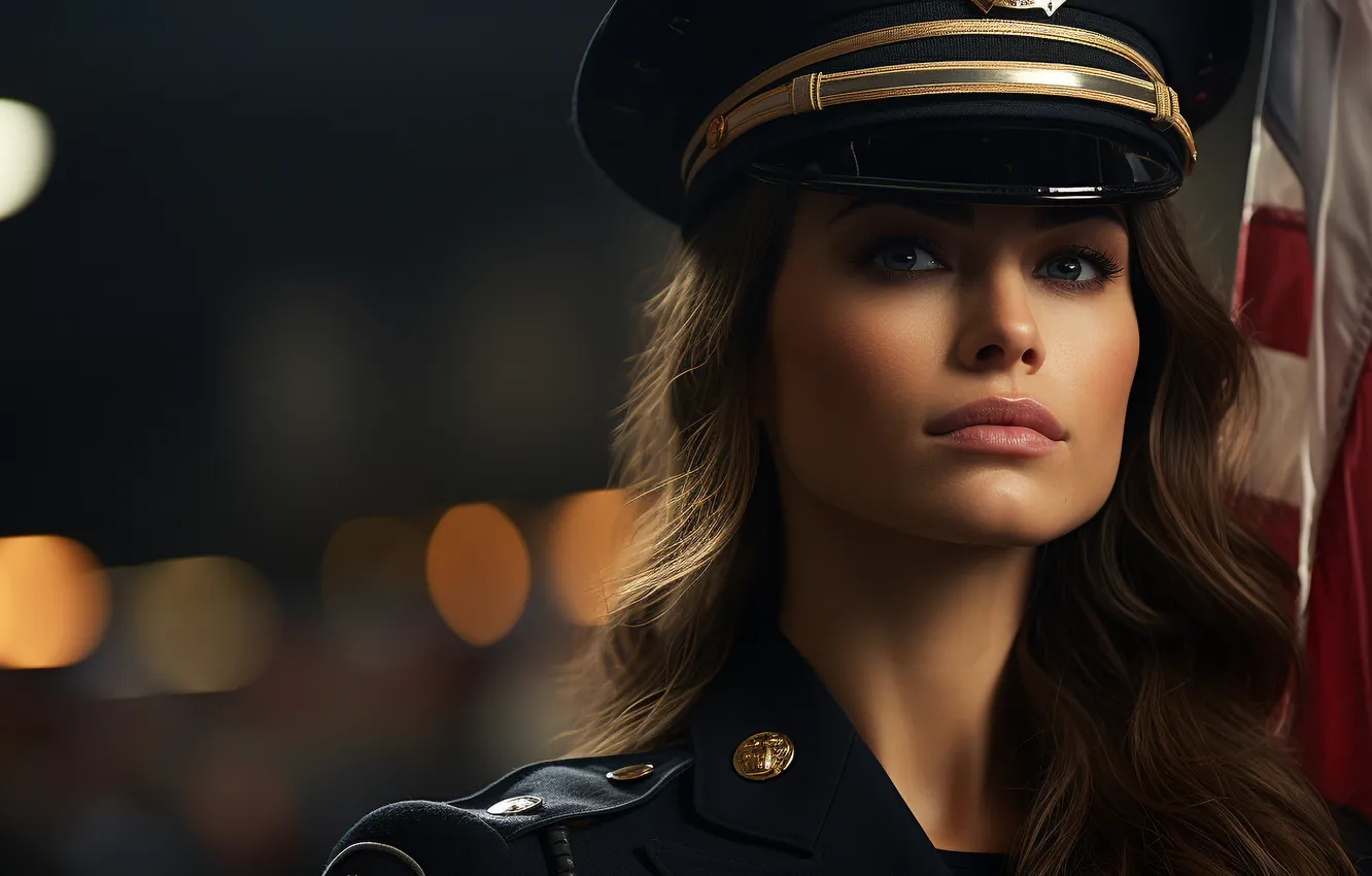 Photo wallpaper look, girl, brown hair, cap, police, digital art, AI art, The Art of Artificial Intelligence