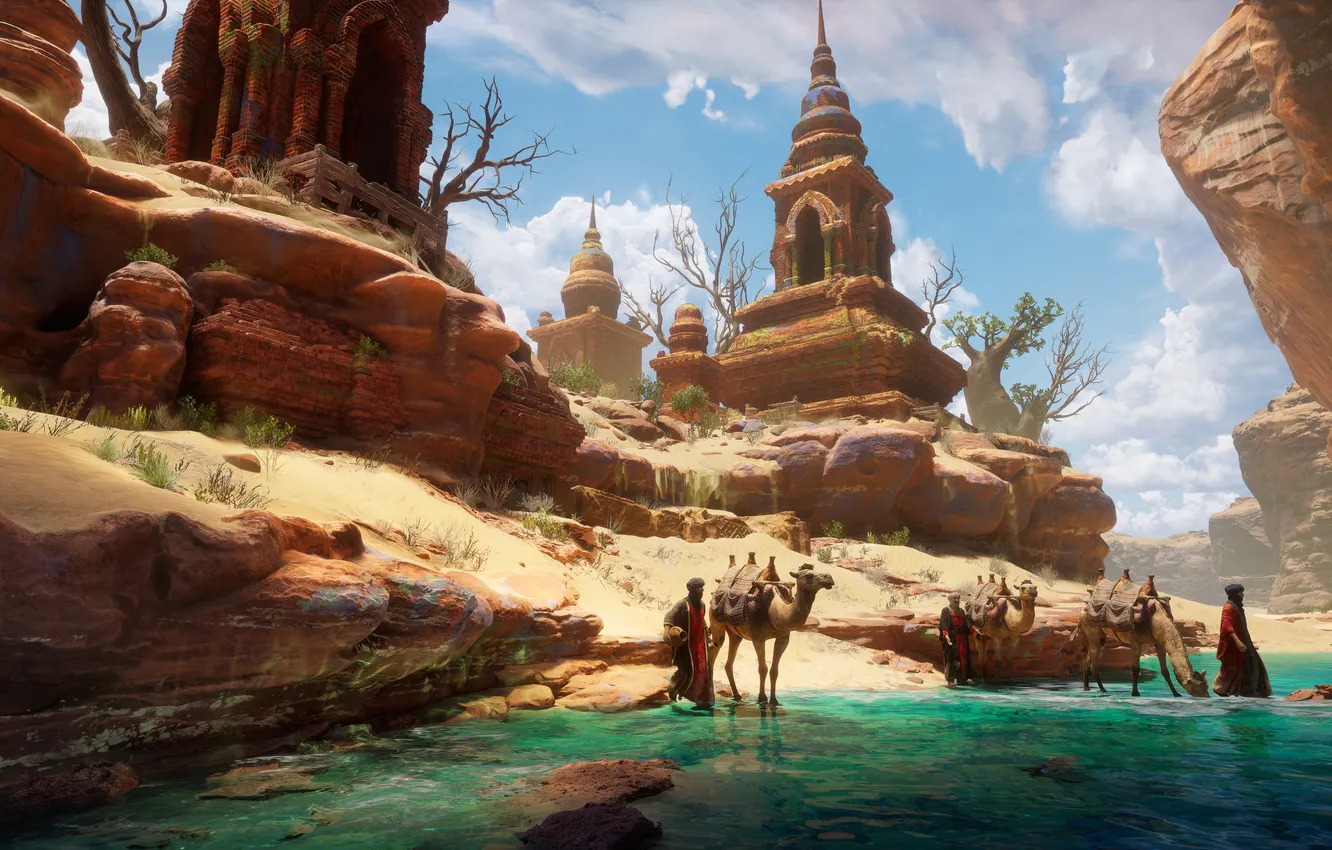 Photo wallpaper landscape, canyon, digital art, drawing, temple, camels, UltraWide, Dmitrii Roshchupkin
