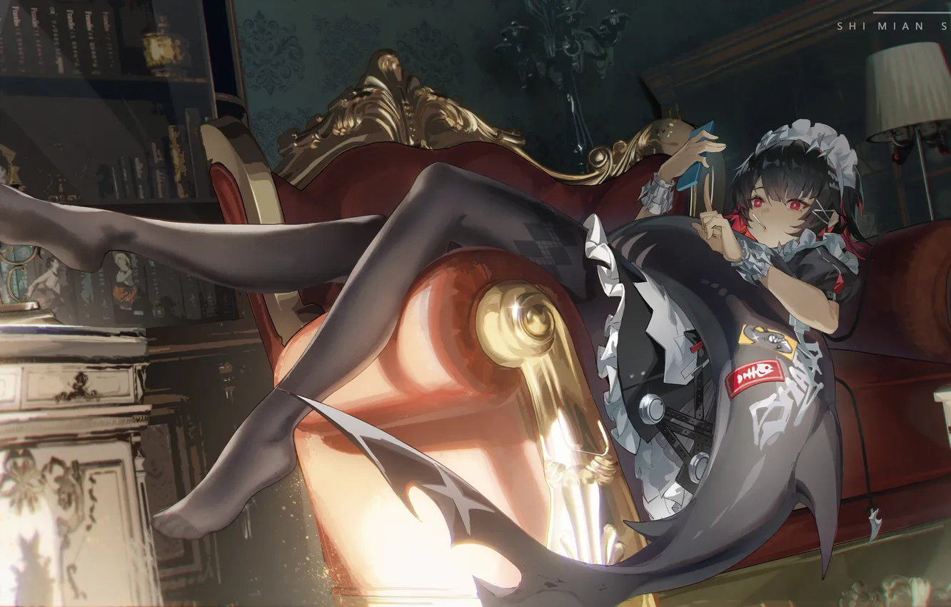 Photo wallpaper girl, room, sofa, bottle, smartphone, fish tail, ellen joe, Zenless Zone Zero