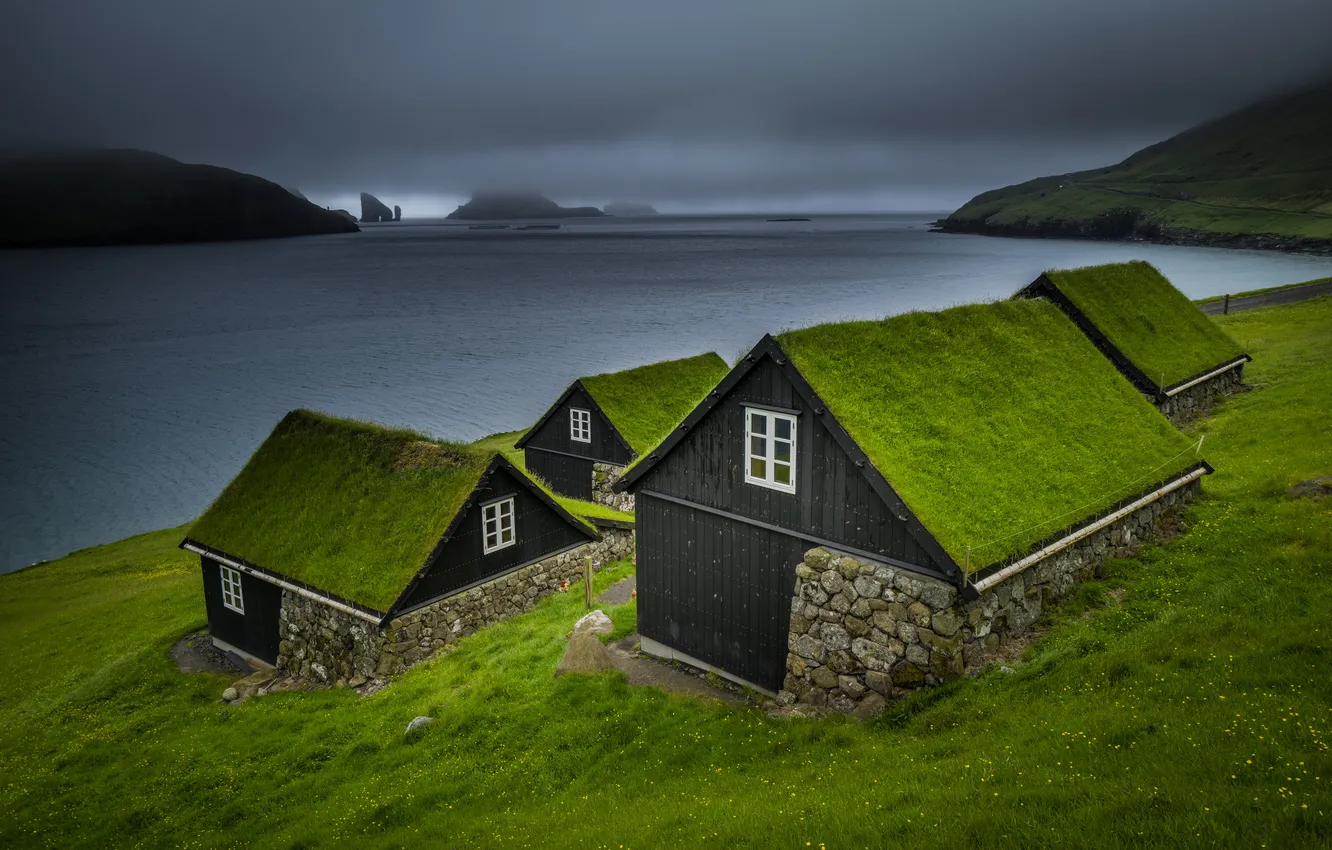 Photo wallpaper roof, sea, greens, field, summer, the sky, grass, mountains