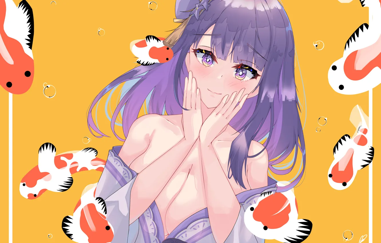 Photo wallpaper girl, koi, Genshin Impact, Raiden Shogun
