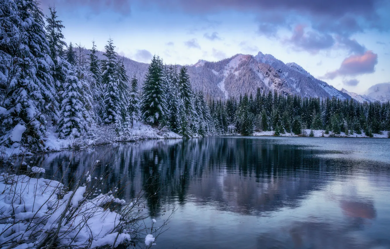 Photo wallpaper winter, forest, mountains, lake, pond, ate, Washington, The cascade mountains