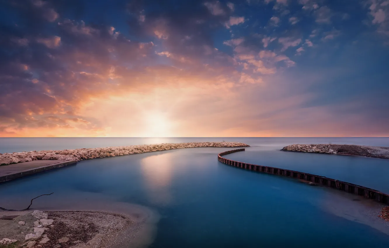 Photo wallpaper the sun, clouds, blue, stones, shore, pierce, pond