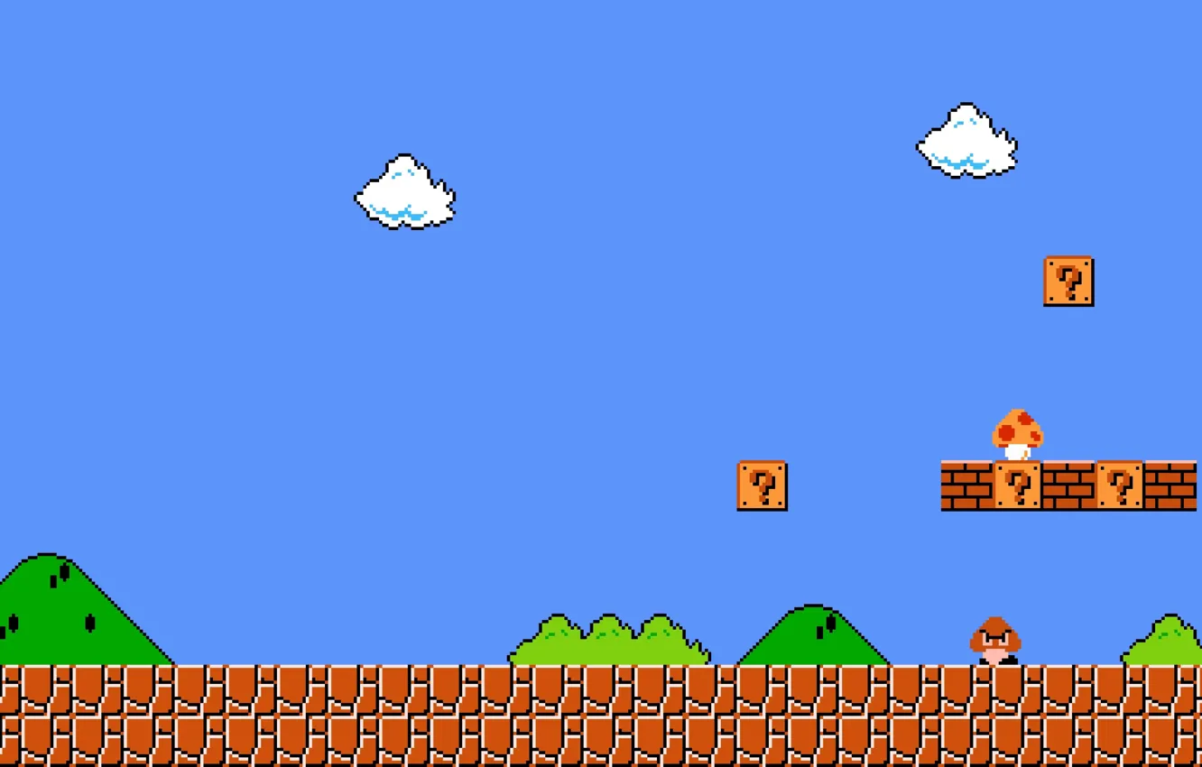 Photo wallpaper cloud, pixels, Super Mario, enemies, fungus, mario bros, first level