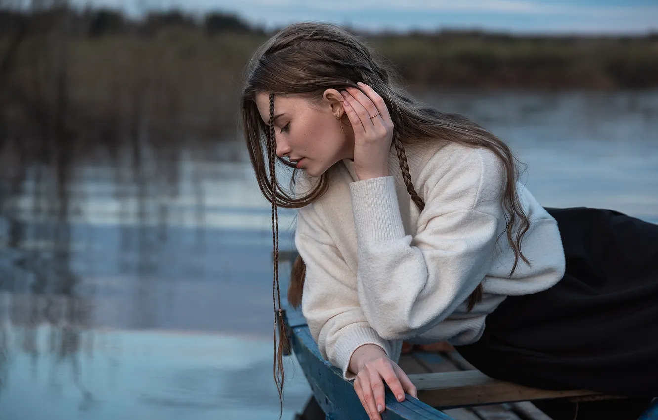 Photo wallpaper lake, pond, boat, hair, hairstyle, Model Diana