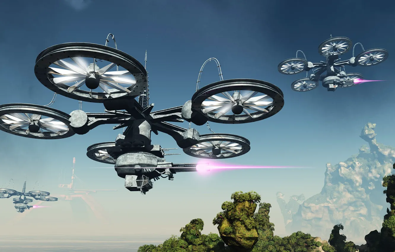 Photo wallpaper rays, rocks, vegetation, camera, Railgun Platforms
