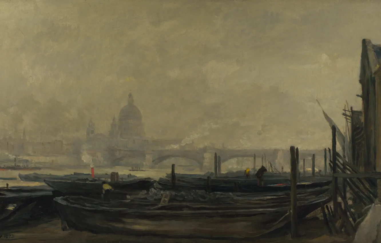 Photo wallpaper picture, boats, the urban landscape, Charles-Francois Daubigny, Charles-François Daubigny, St. Paul's Cathedral from Surrey