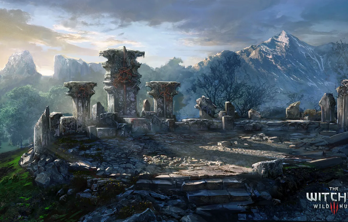 Photo wallpaper mountains, art, monument, the Witcher, The Witcher 3: Wild Hunt