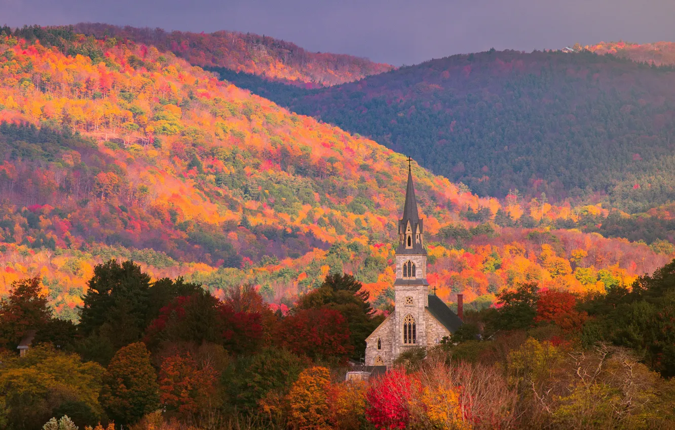 Photo wallpaper autumn, forest, mountains, Church