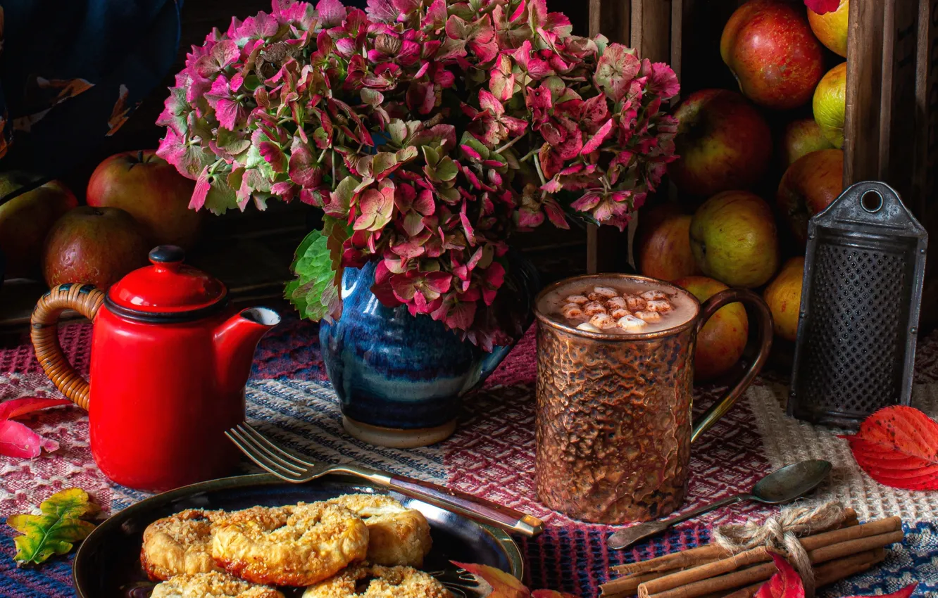 Photo wallpaper leaves, flowers, apples, kettle, cookies, still life, cinnamon, hydrangea